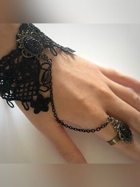 Goth black lace bracelet and ring